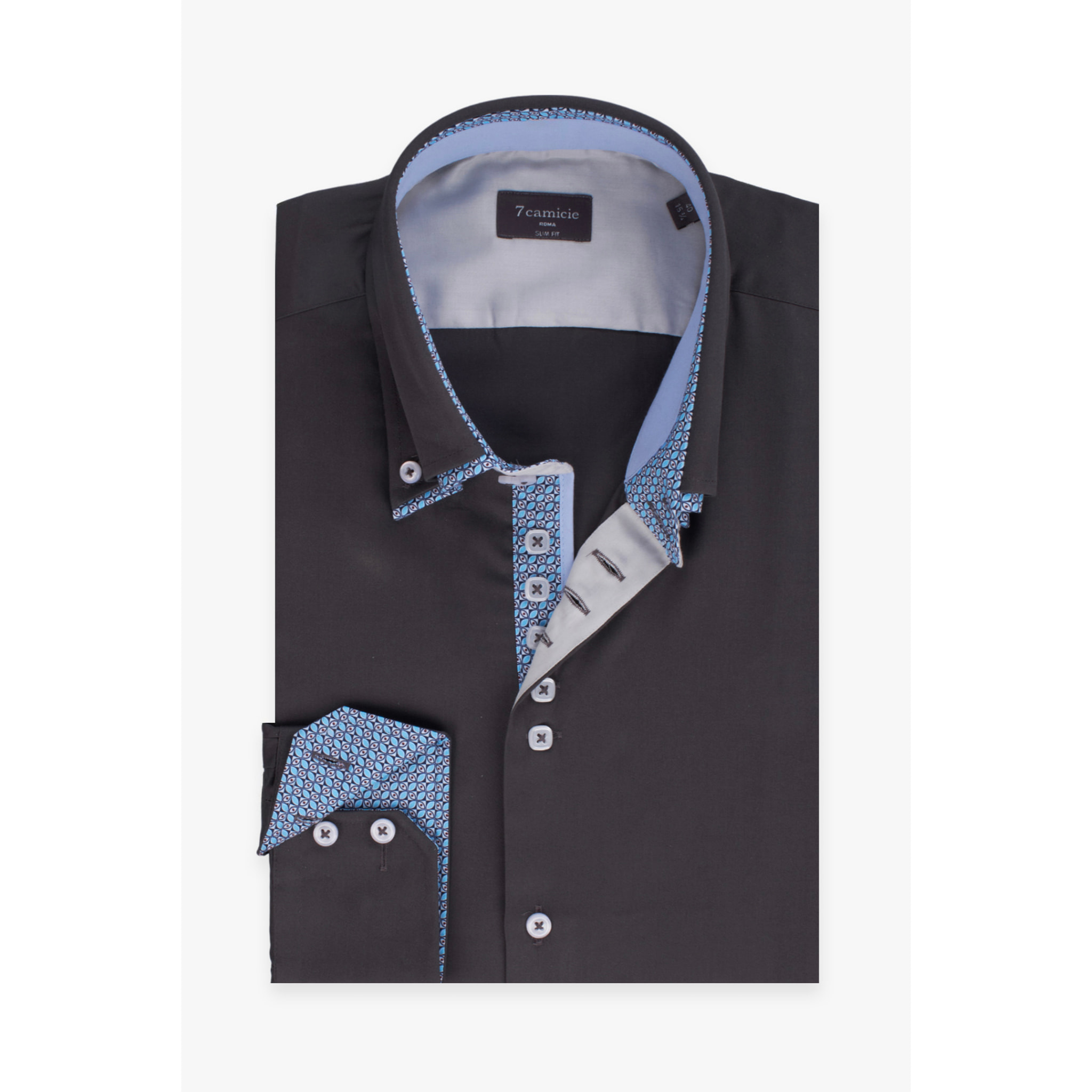 Camicia Uomo 2 Bottoni Button Down 7bottoni Doppio Coll Satin Unito Grigio Scuro