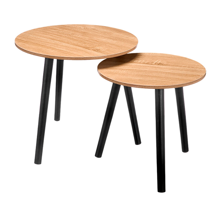 Set di 2 tavolini naturali con gambe nere. Diametri di 39 cm e 48 cm.