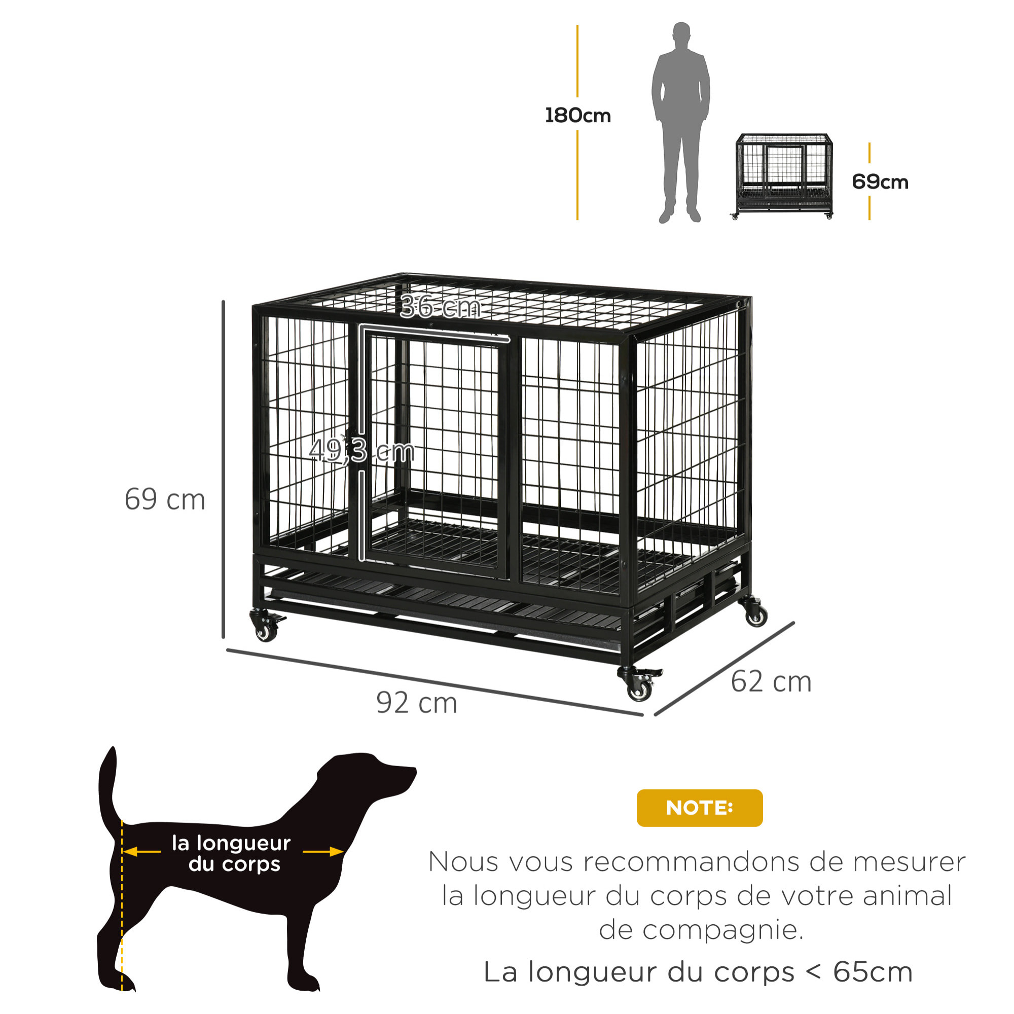 Cage pour chien animaux cage de transport sur roulettes 2 portes noir