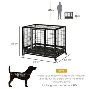 Cage pour chien animaux cage de transport sur roulettes 2 portes noir