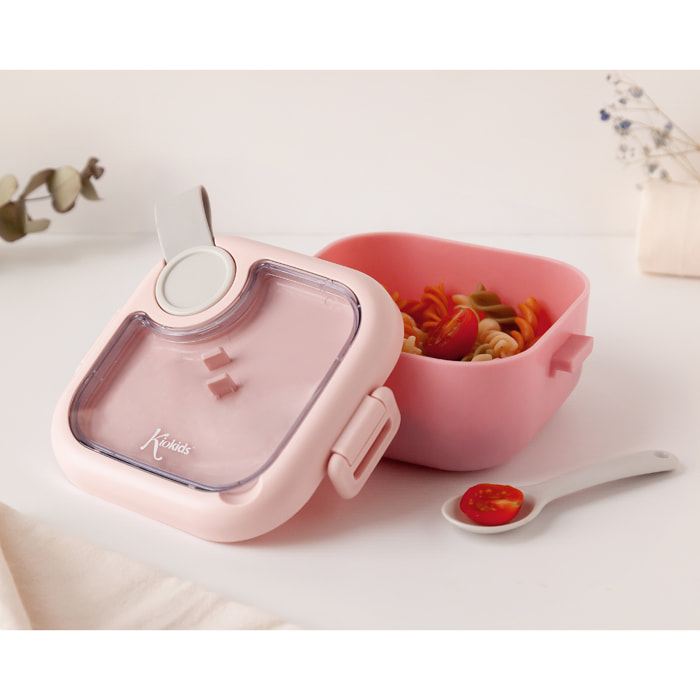 CAJA ALMUERZO ROSA CON CUCHARA GRIS