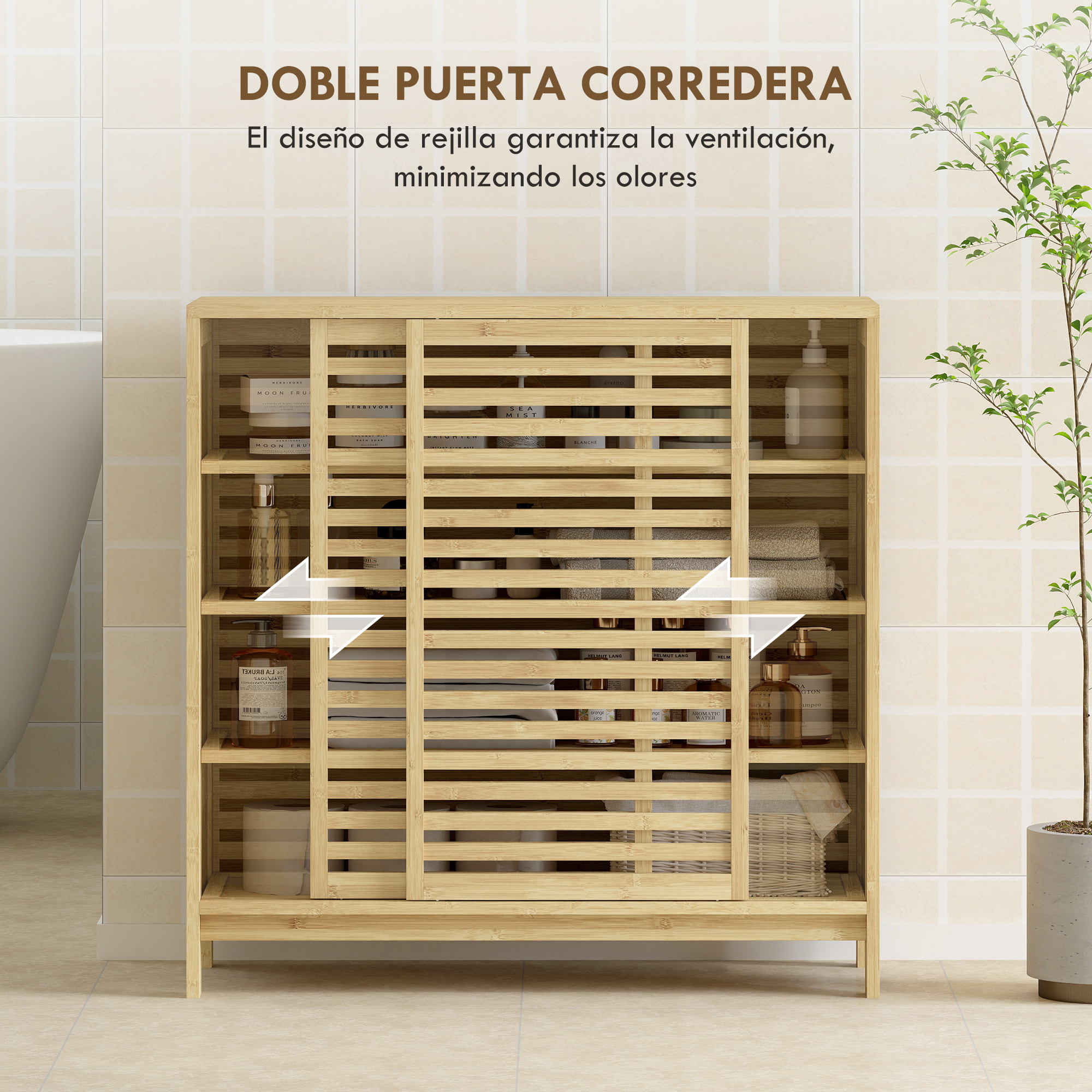 Armario de Baño de Bambú Mueble de Baño con 2 Puertas Correderas Diseño con Lamas 4 Estantes Mueble Auxiliar de Almacenaje para Cocina Salón 80x34x80 cm Natural
