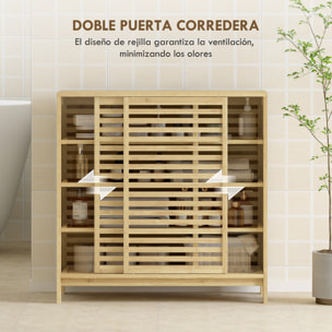 Armario de Baño de Bambú Mueble de Baño con 2 Puertas Correderas Diseño con Lamas 4 Estantes Mueble Auxiliar de Almacenaje para Cocina Salón 80x34x80 cm Natural