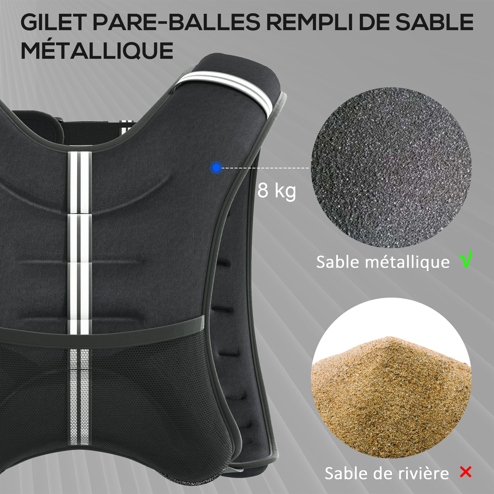 Gilet lesté 8 Kg - veste lestée de sport fitness - poche de rangement intégrée - Oxford noir