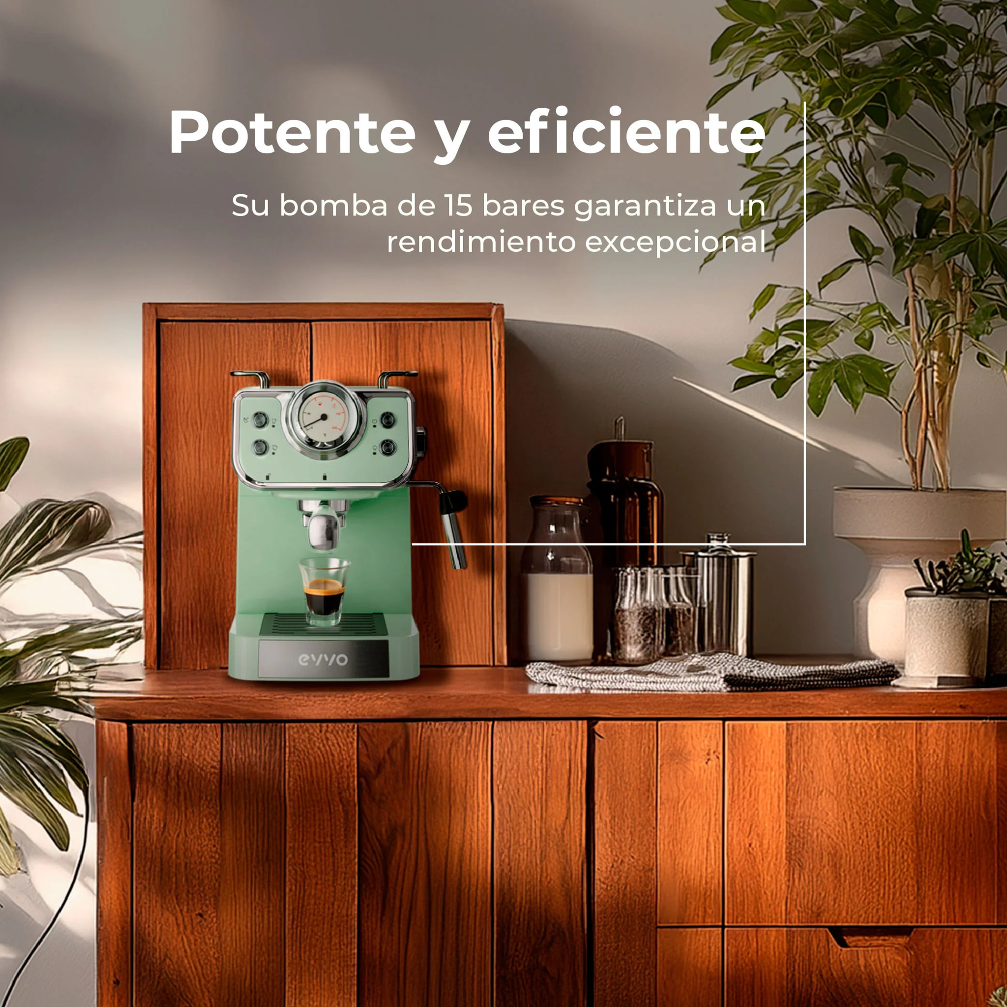EVVO Cafetera Express Intensa Retro. 15 bares. cuerpo de acero. Espressos y Capuccinos. 950W. Doble salida. Portafiltros. Depósito de 1.5 l. calentamiento rápido