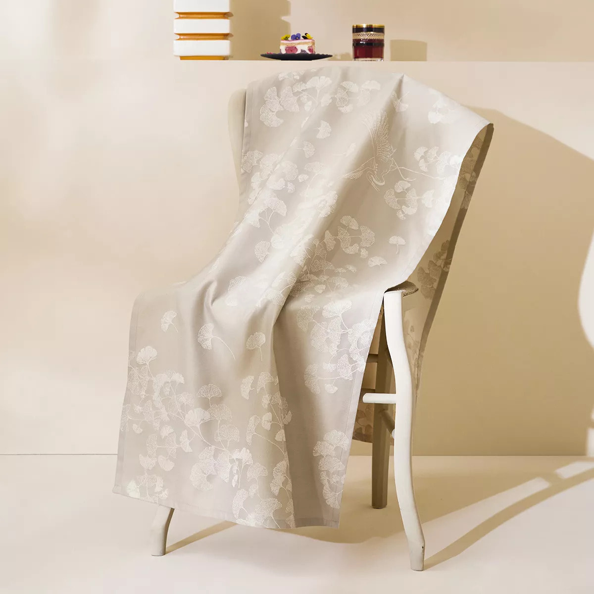 Nappe pur coton motif jacquard beige Mille ginkos naturel
