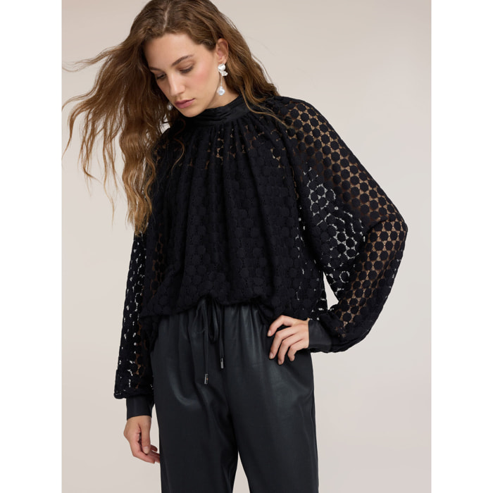 Motivi - Blusa in pizzo con collo alto - Nero
