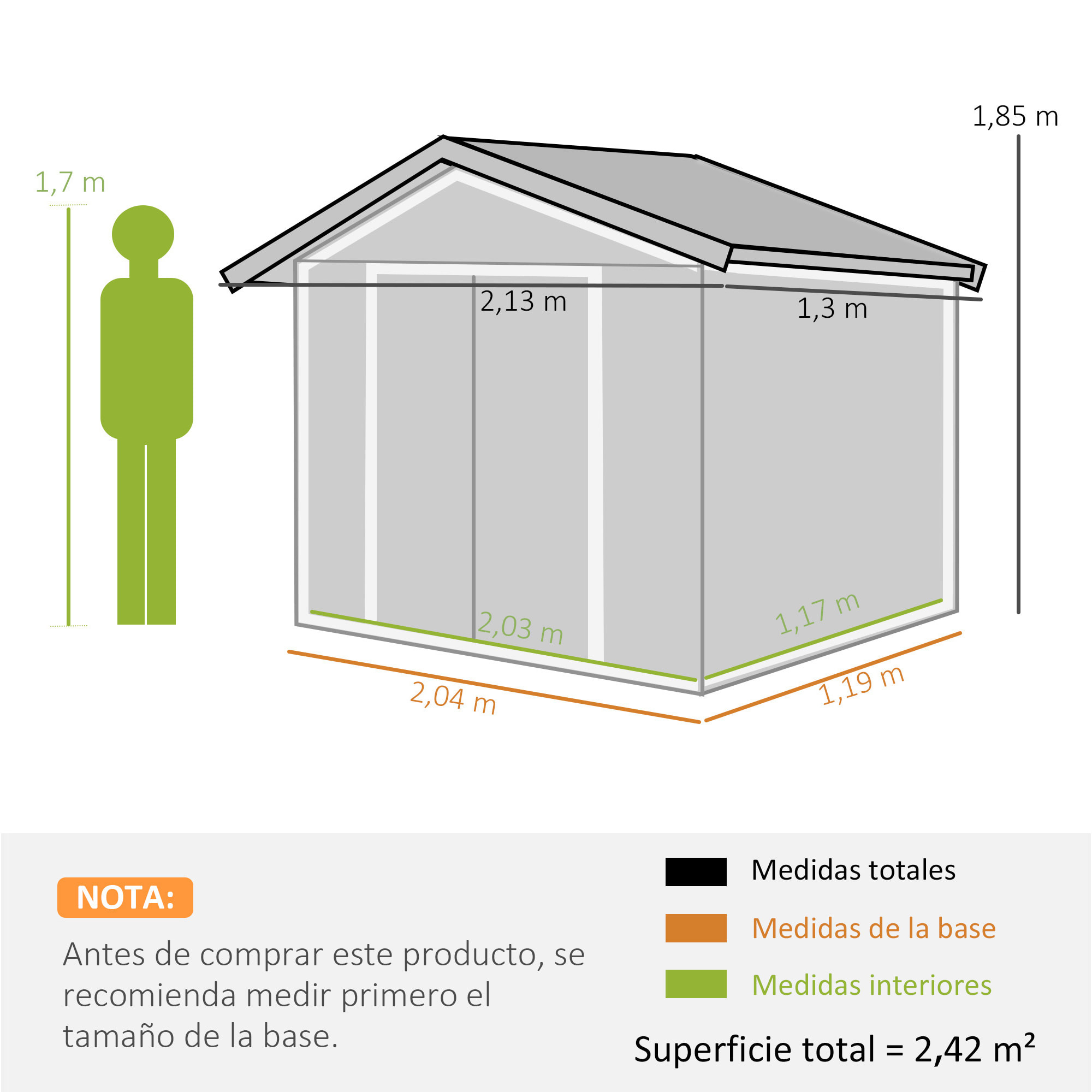 Caseta de Jardín Exterior, 2,5 m² 213x130x185 cm, Cobertizo de Jardín Exterior Metálico con 2 Puertas Correderas, Base Refuerzo (Suelo NO Incluido) y 4 Ventanas Verde Claro