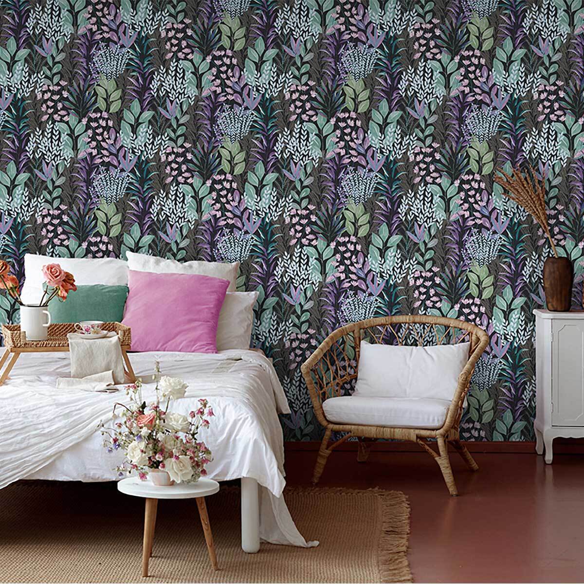 Papier peint feuillage aquarelle nuit violet