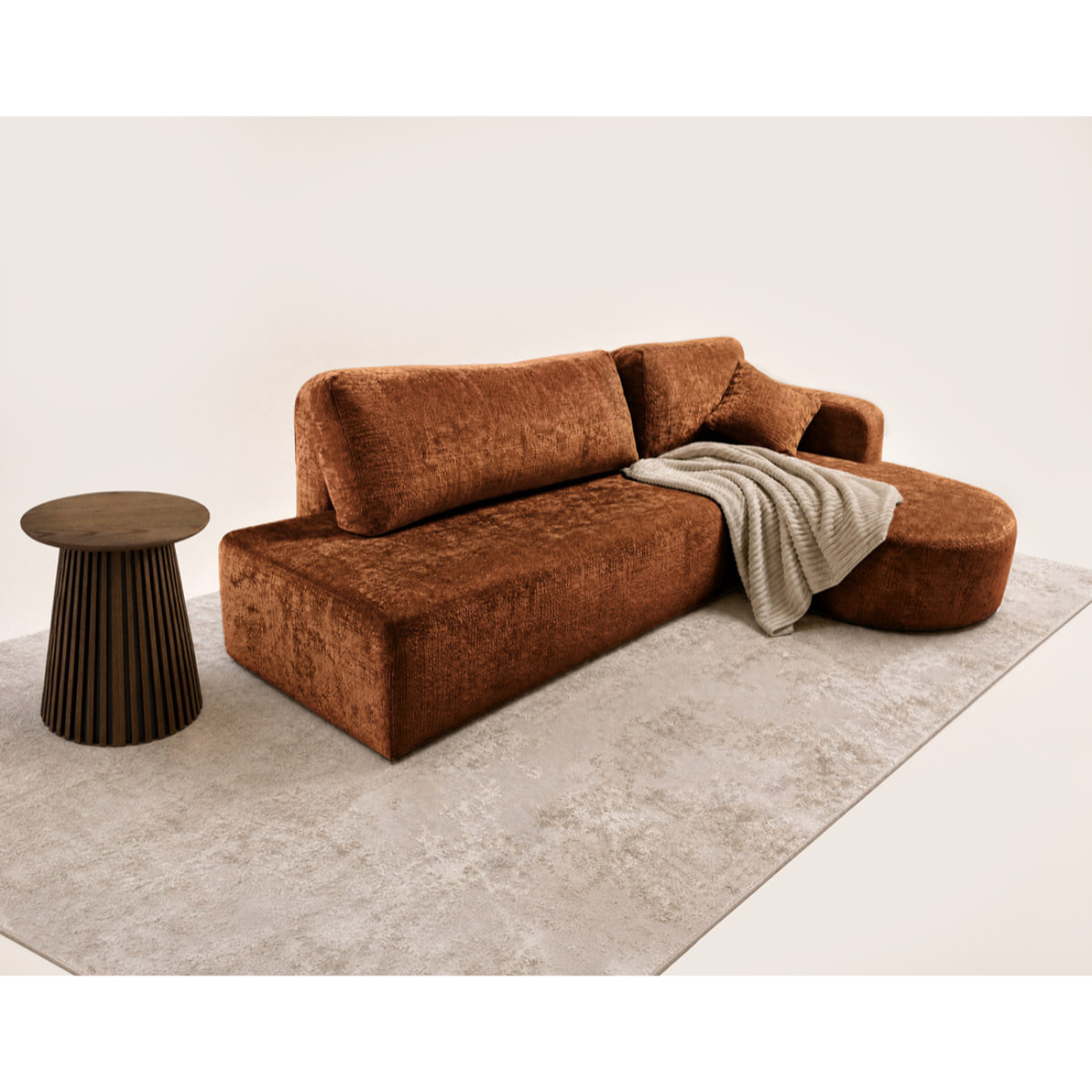 Miro - Canapé d'angle droit 4 places convertible avec coffre en velours texturé - Rouille