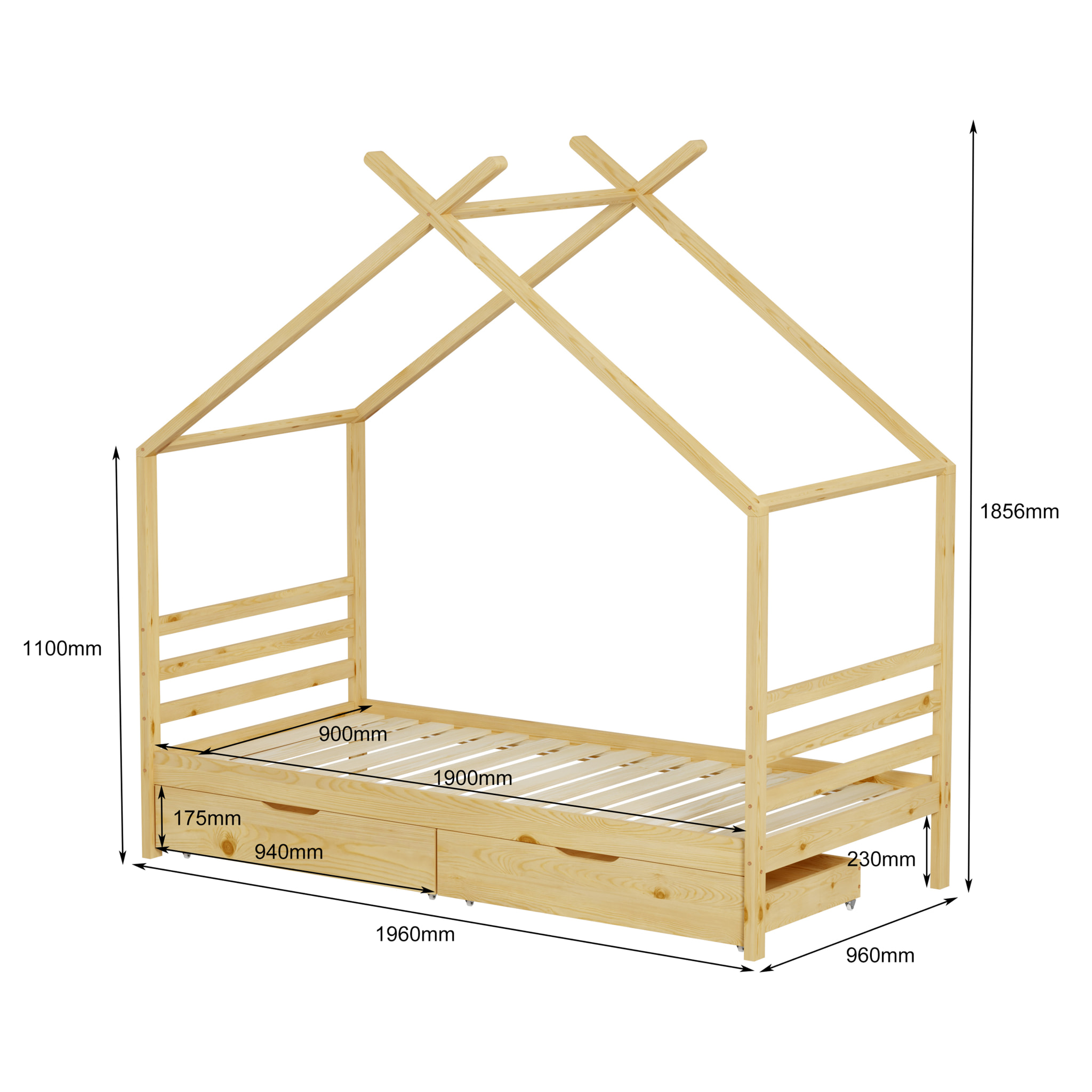 Lit Cabane Bambino, couchage 90x190 cm, Bois de Pin Naturel, Sommier inclus, Avec 2 Tiroirs de rangement