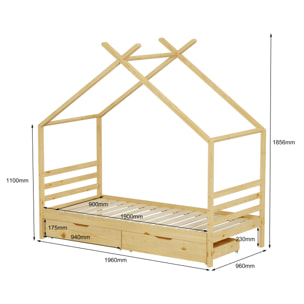 Lit Cabane Bambino, couchage 90x190 cm, Bois de Pin Naturel, Sommier inclus, Avec 2 Tiroirs de rangement