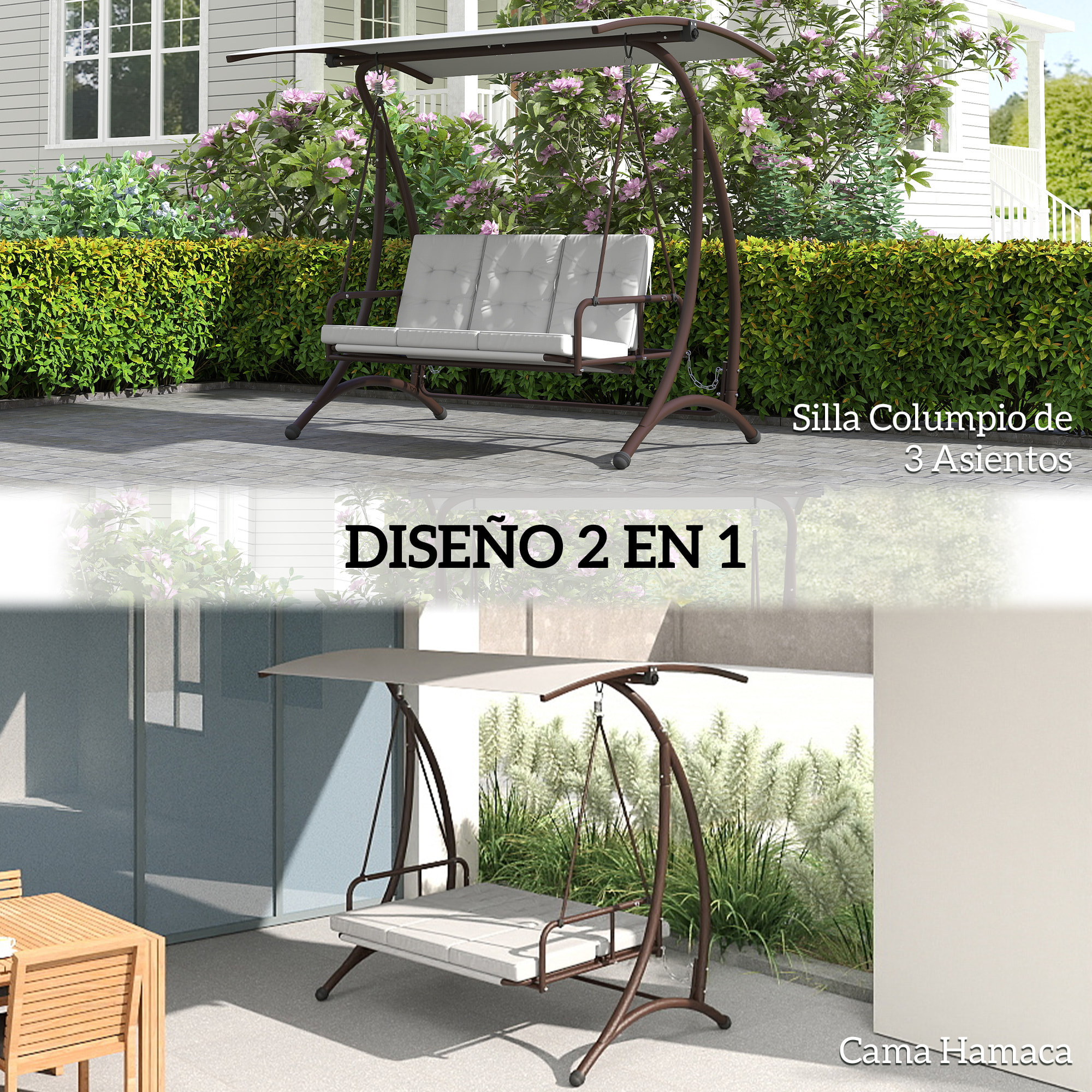Columpio de Jardín Exterior de 3 Plazas Balancín de Jardín Exterior Convertible en Cama con Toldo Ajustable Protección UPF30+ y Cojines Carga 330 kg 200x120x175 cm Gris Claro