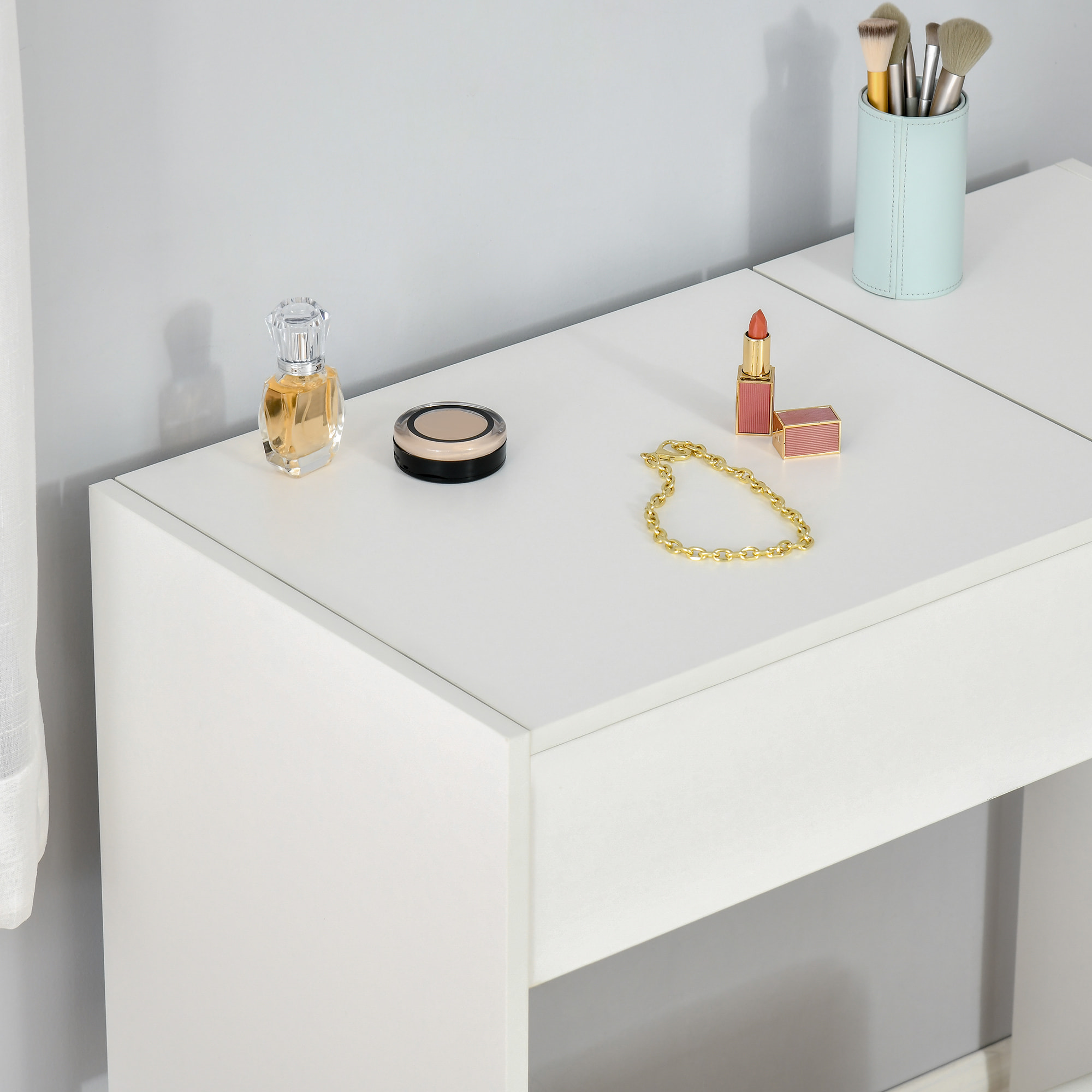 Coiffeuse table de maquillage design contemporain 80L x 40l x 79H cm miroir escamotable, tiroir, coffre + tabouret blanc