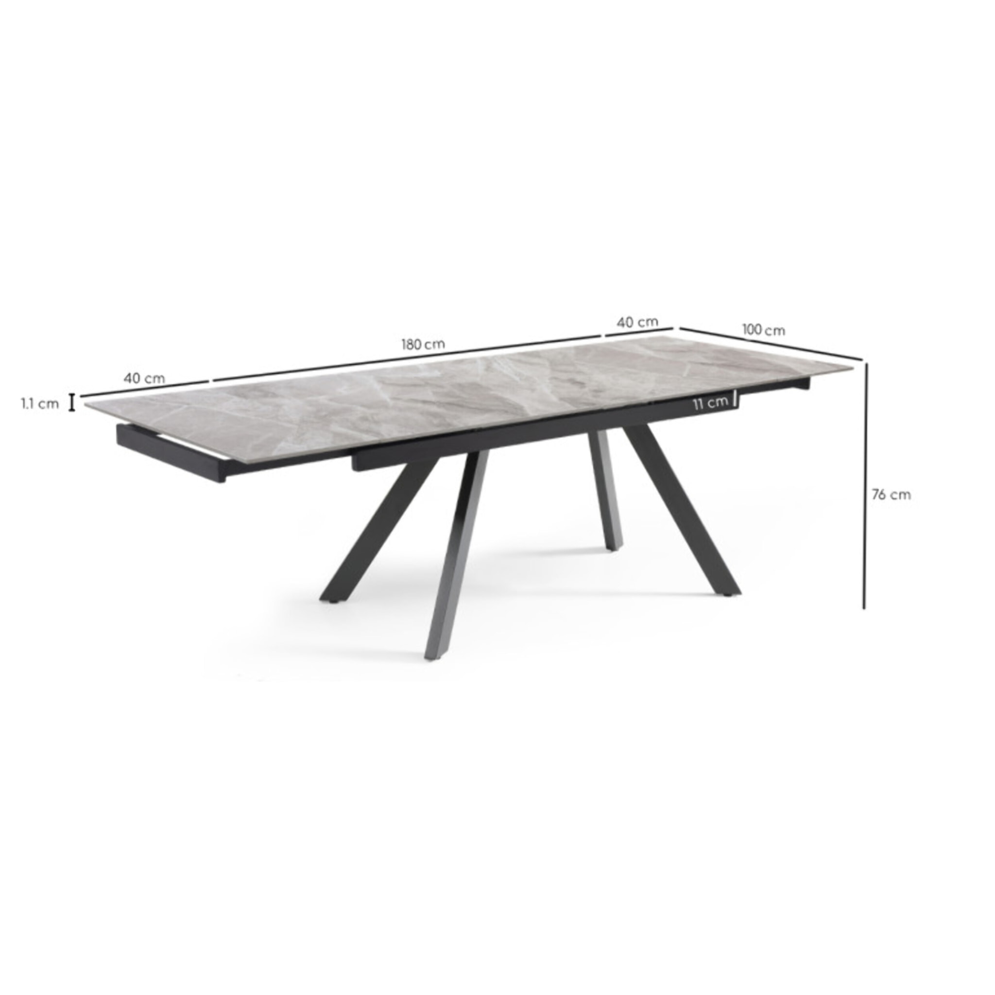 Table extensible céramique gris marbré 180/260 cm - 8 piètements - UNIK