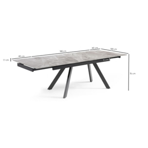 Table extensible céramique gris marbré 180/260 cm - 8 piètements - UNIK