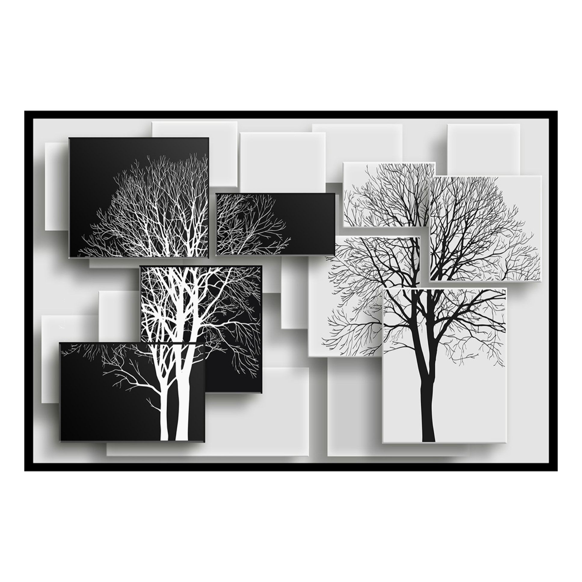 Affiche encadrée arbres graphiques noir et blanc Affiche + cadre en métal - Noir