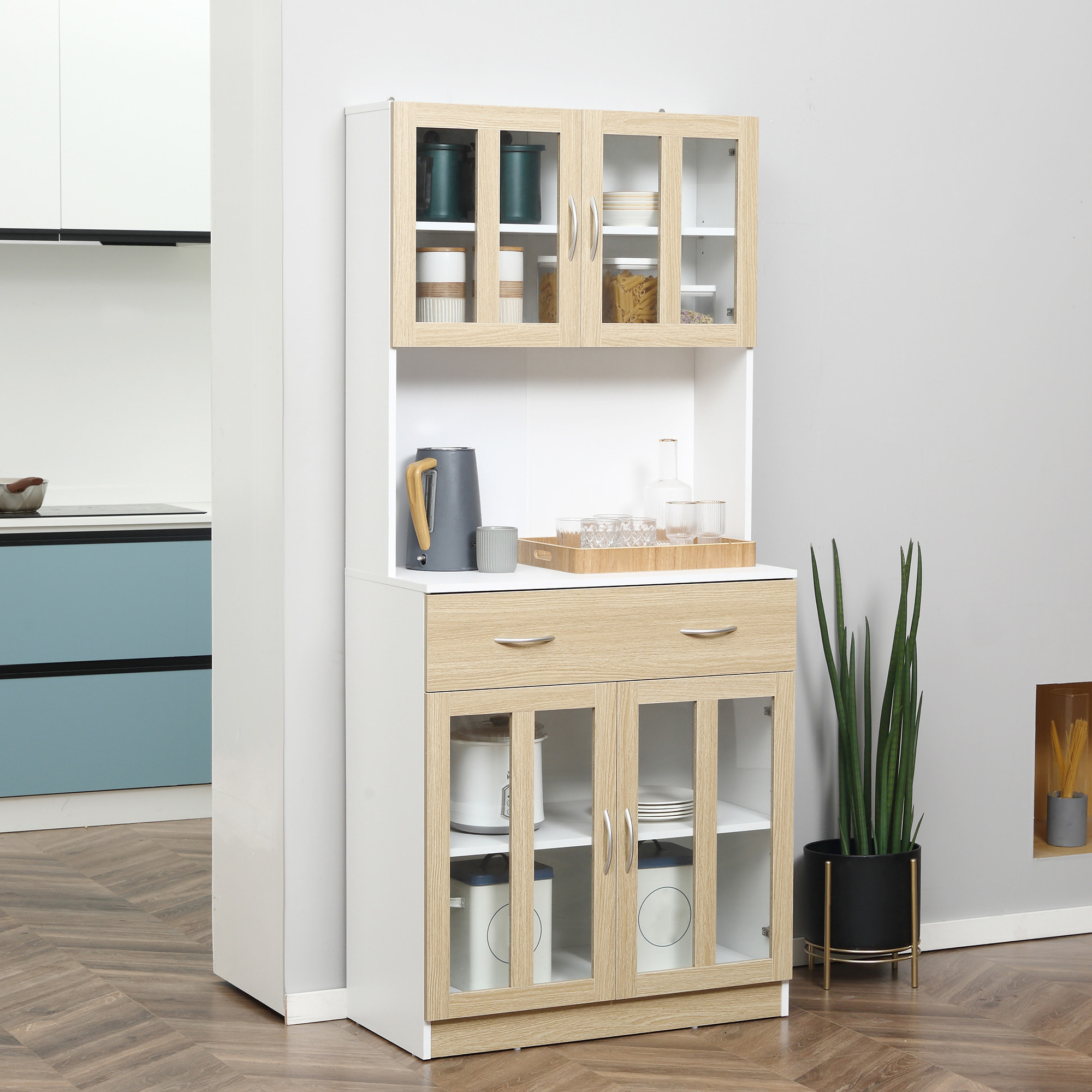 Buffet haut multi-rangement 4 portes vitrine verre avec étagère tiroir coulissant grand plateau panneaux particules blanc aspect chêne clair