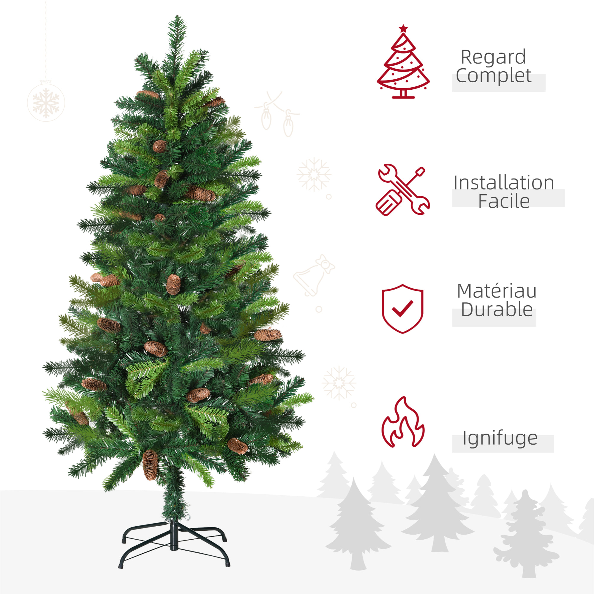 Sapin de Noël artificiel aspect réaliste Ø 60 x 150H cm 24 pommes de pin 360 branches imitation Nordmann