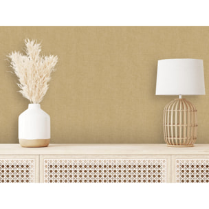 Papier peint uni effet toile lin caramel doré