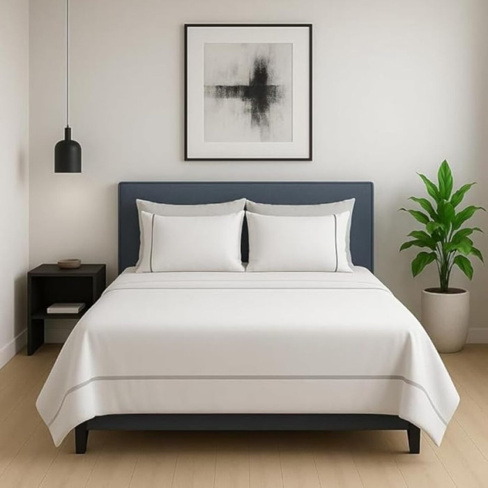 Completo lenzuola matrimoniale in cotone bicolore morbido e traspirante, set letto con lenzuolo sopra, sotto con angoli e 2 federe, design elegante con piping a contrasto, tessuto leggero e resistente 116 gsm, certificato OEKO-TEX, comfort quotidiano