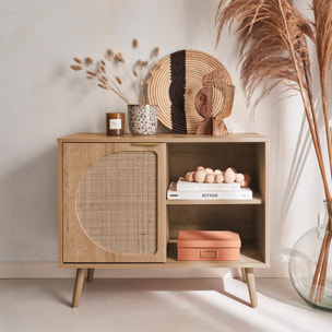 Buffet scandinave décor bois et cannage arrondi 1 porte 80cm EVA
