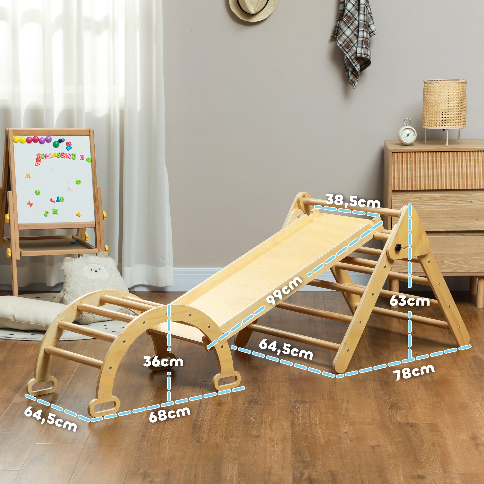 5 en 1 Triángulo de Escalada Montessori con Arco y Rampa, Escalada para Niños de Madera Plegable, para 18-48 Meses, para Deslizarse o Escalar, 178x64,5 cm, Madera Natural