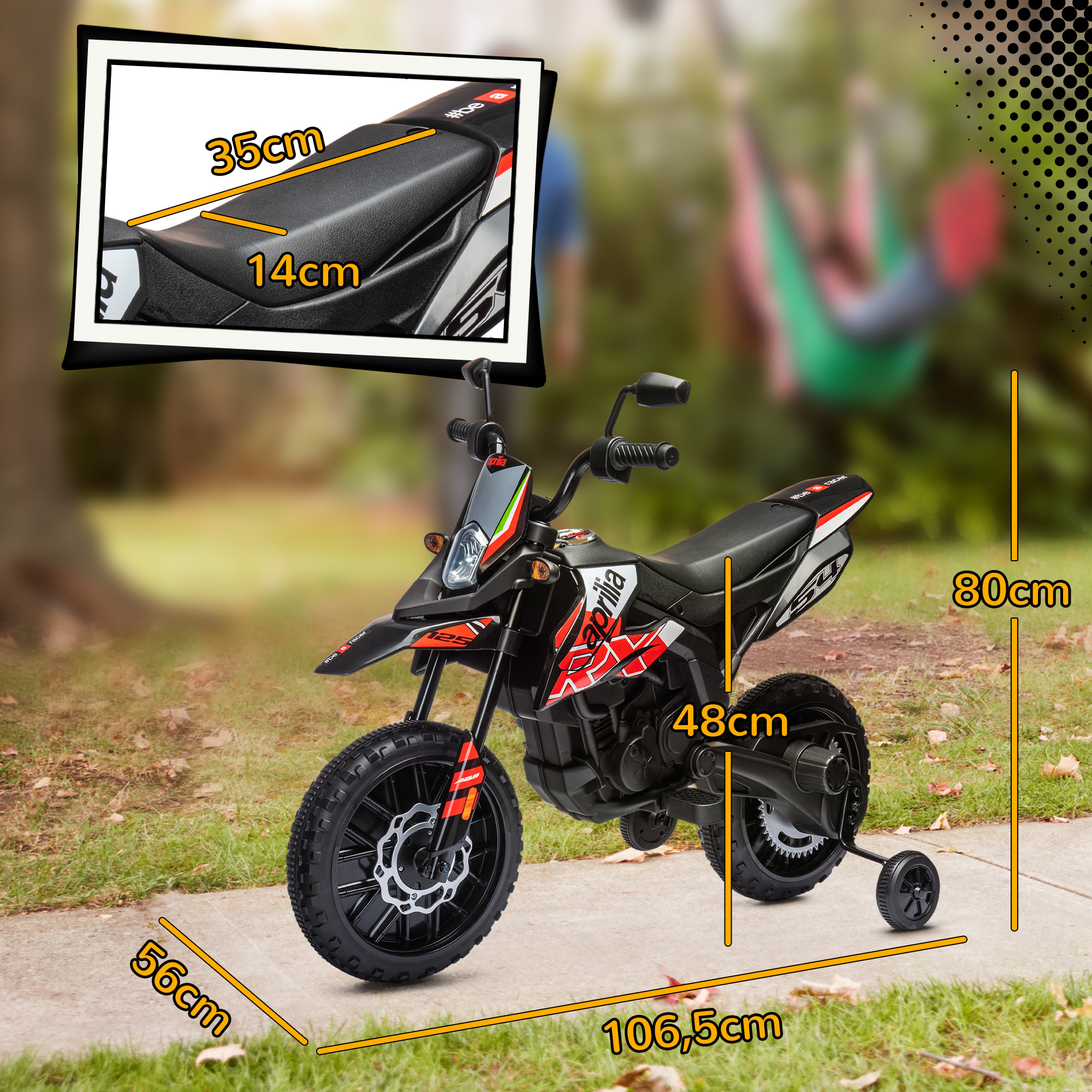 Moto Eléctrica para Niños 12V con Licencia Aprilia, Moto Eléctrica Infantil con Ruedas Auxiliares Desmontables, 6 km/h, Suspensión Trasera, Faro, Música y USB, para Niños 37-96 Meses, Rojo
