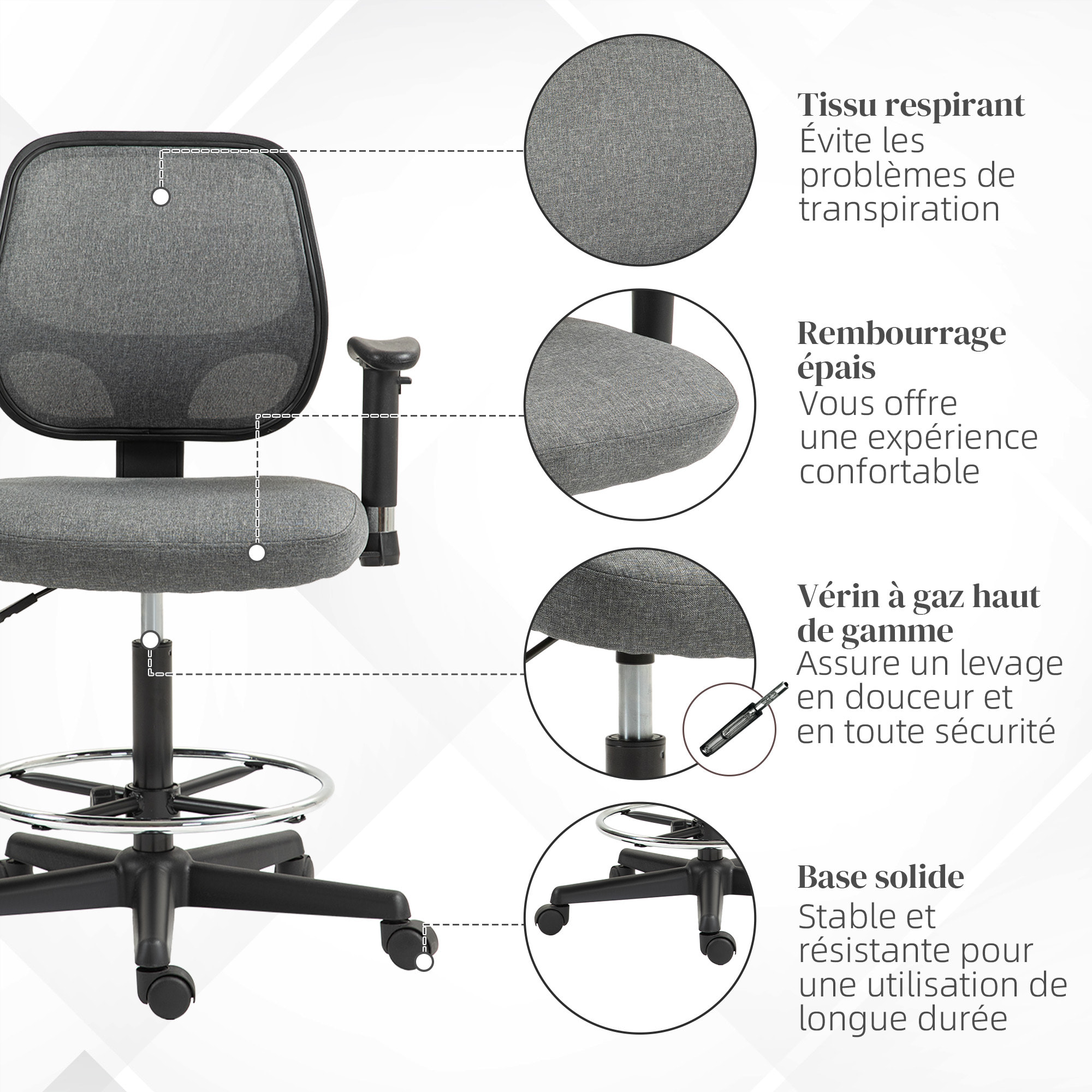 Chaise de bureau assise haute réglable accoudoirs réglables pivotante 360° tissu gris chiné