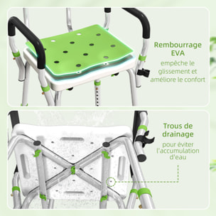 Chaise de douche siège de douche ergonomique hauteur réglable pieds antidérapants charge max. 136 Kg alu HDPE blanc vert