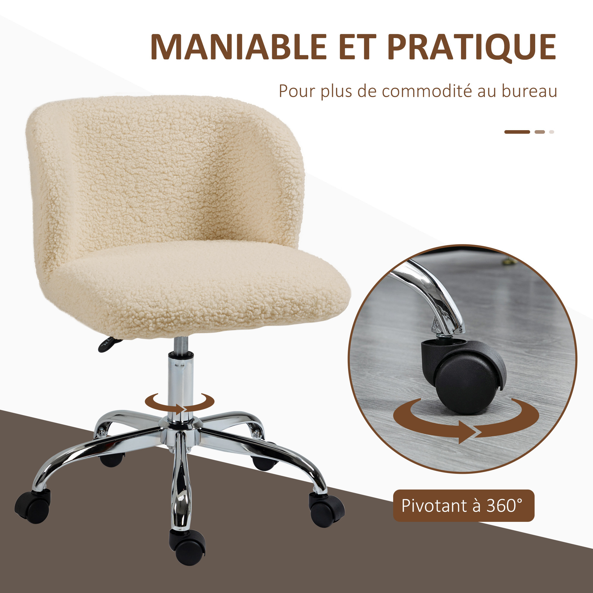 Chaise de bureau design - hauteur réglable, pivotante - piètement acier chromé revêtement effet laine bouclée terre de sienne