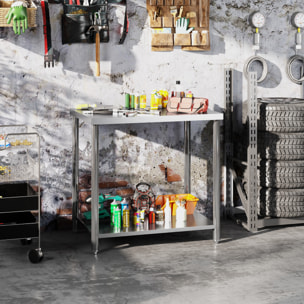 HOMCOM Mesa de Trabajo de Acero Inoxidable con 2 Estantes, Banco de Trabajo Taller Resistente para Cocina, Garaje, Carga 100 kg, 90x60x86 cm, Plata