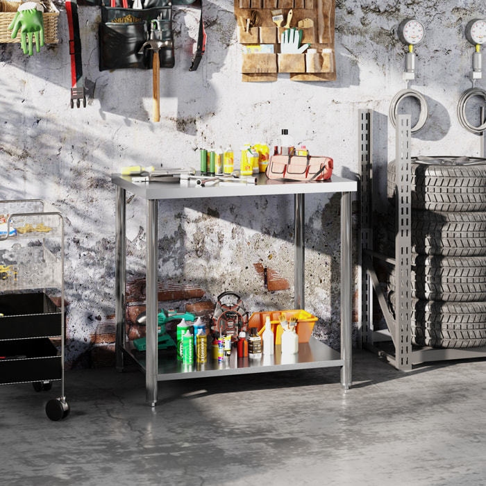 HOMCOM Mesa de Trabajo de Acero Inoxidable con 2 Estantes, Banco de Trabajo Taller Resistente para Cocina, Garaje, Carga 100 kg, 90x60x86 cm, Plata