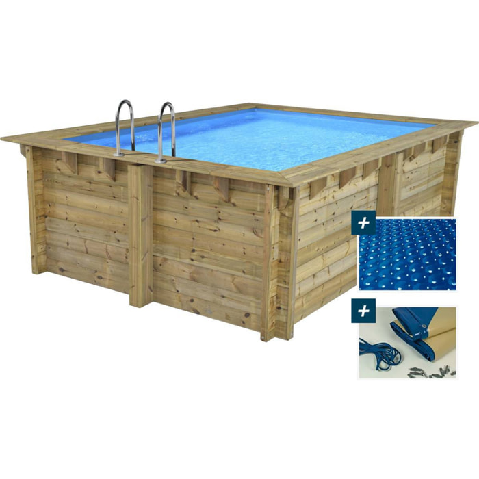 Piscine bois rectangle " Caimans 120  " - 4.10 x 3.00 x 1.24  m + Bâche à bulles 180 µ - Bâche hiver 280 g/m²