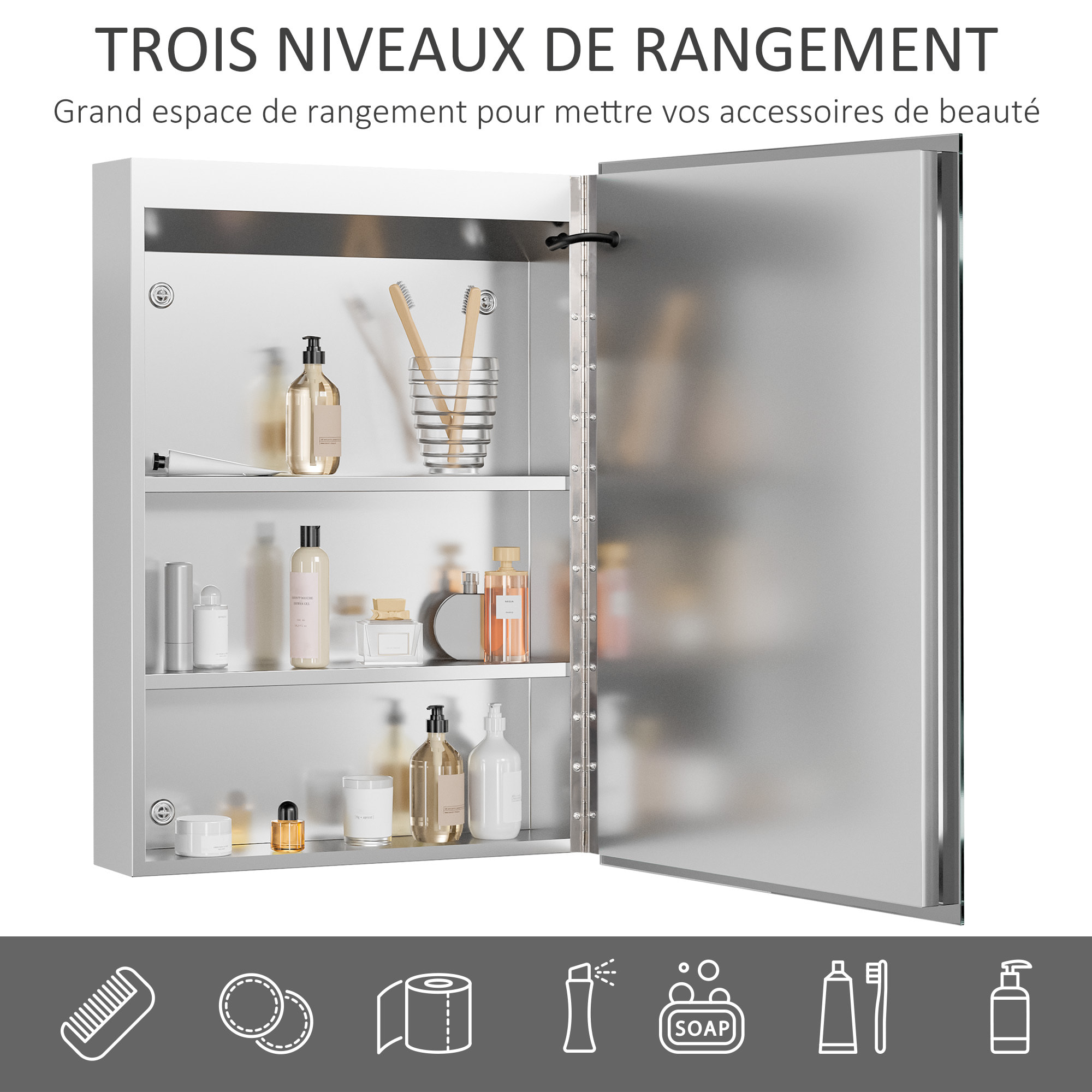 Armoire murale miroir lumineux LED 2 en 1 - 3 étagères - lumière réglable, interrupteur tactile - dim. 50L x 12,5P x 70H cm - acier inox.