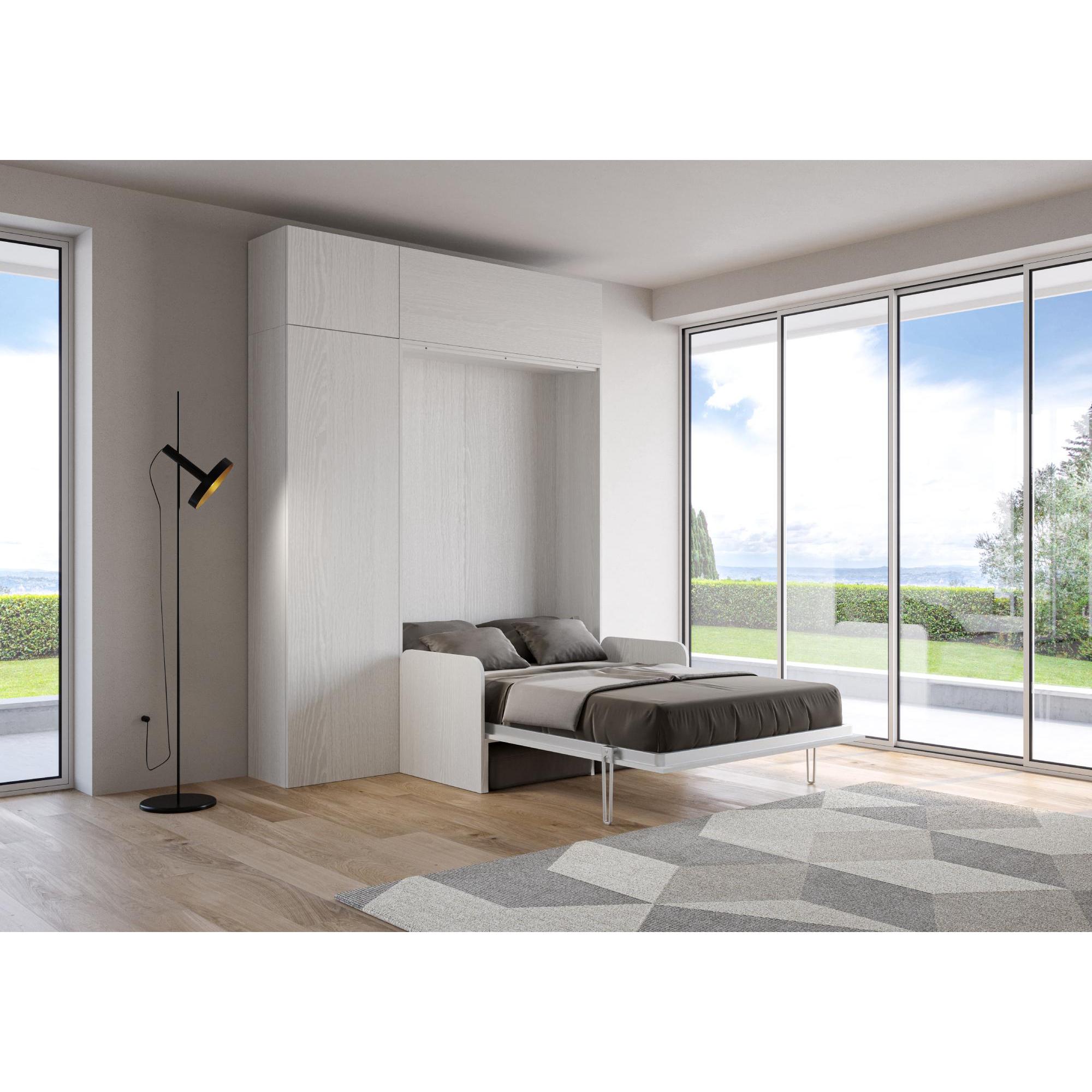 Cama abatible 120 vertical Kentaro Sofà con columna - módulo a pared superior - módulo con apertura vasistas Fresno Blanco