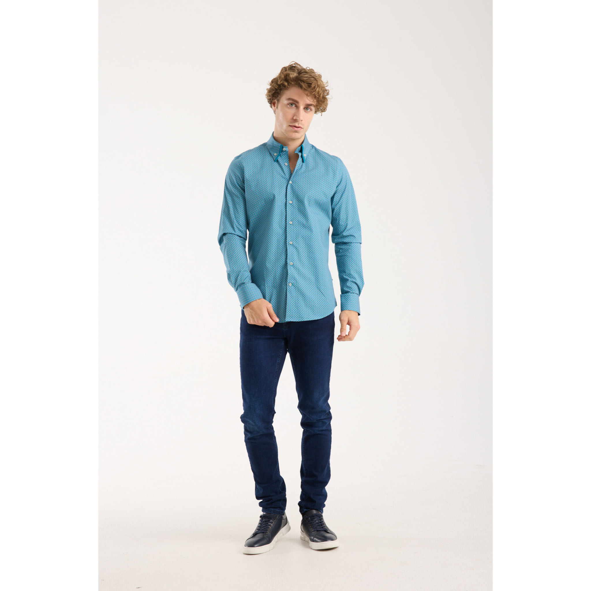 Camicia Uomo 2 Bottoni Button Down Doppio Coll Popeline Stretch Stampato Verede Ottanio/Arancio
