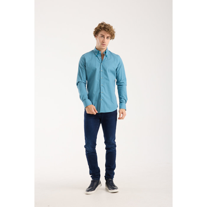Camicia Uomo 2 Bottoni Button Down Doppio Coll Popeline Stretch Stampato Verede Ottanio/Arancio