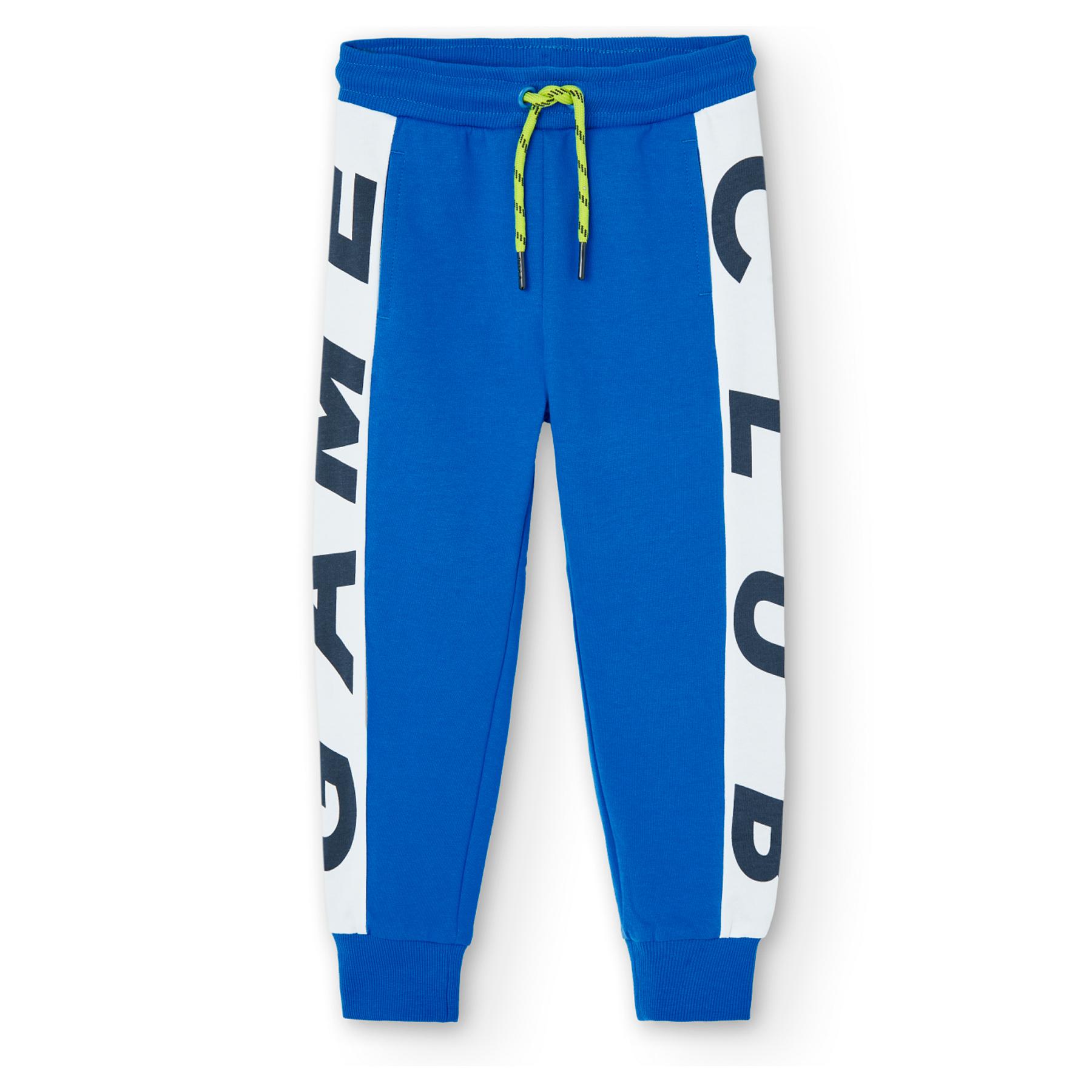 Pantalón jogger bicolor en azul con cintura elástica y estampado