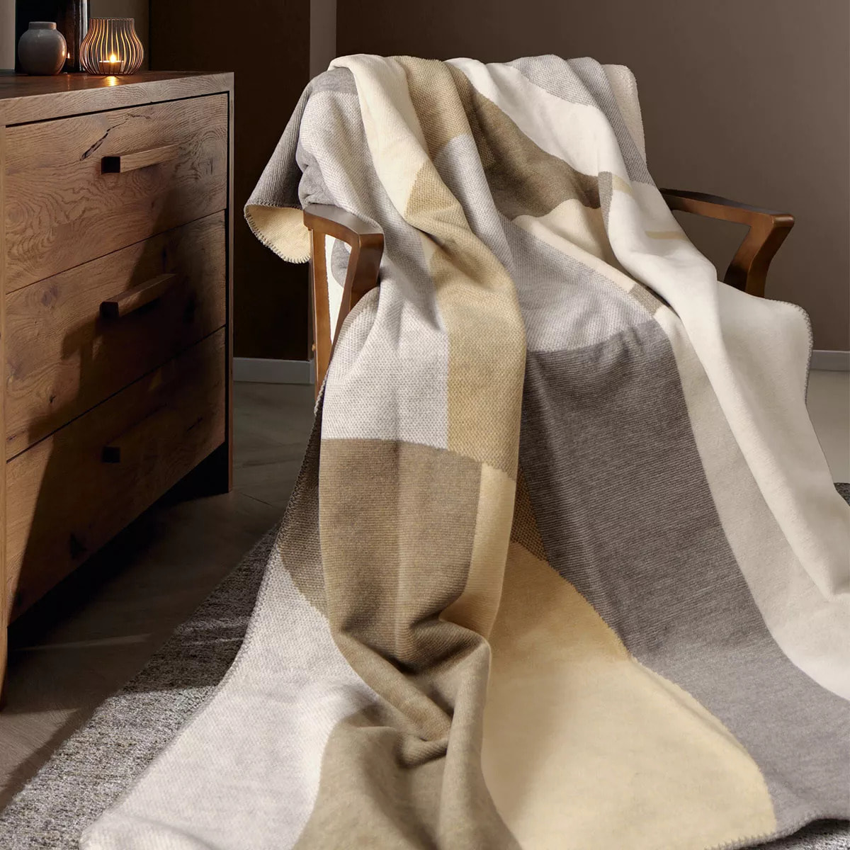 Plaid coton mélangé 415 g/m² motif jacquard beige gris Livio naturel