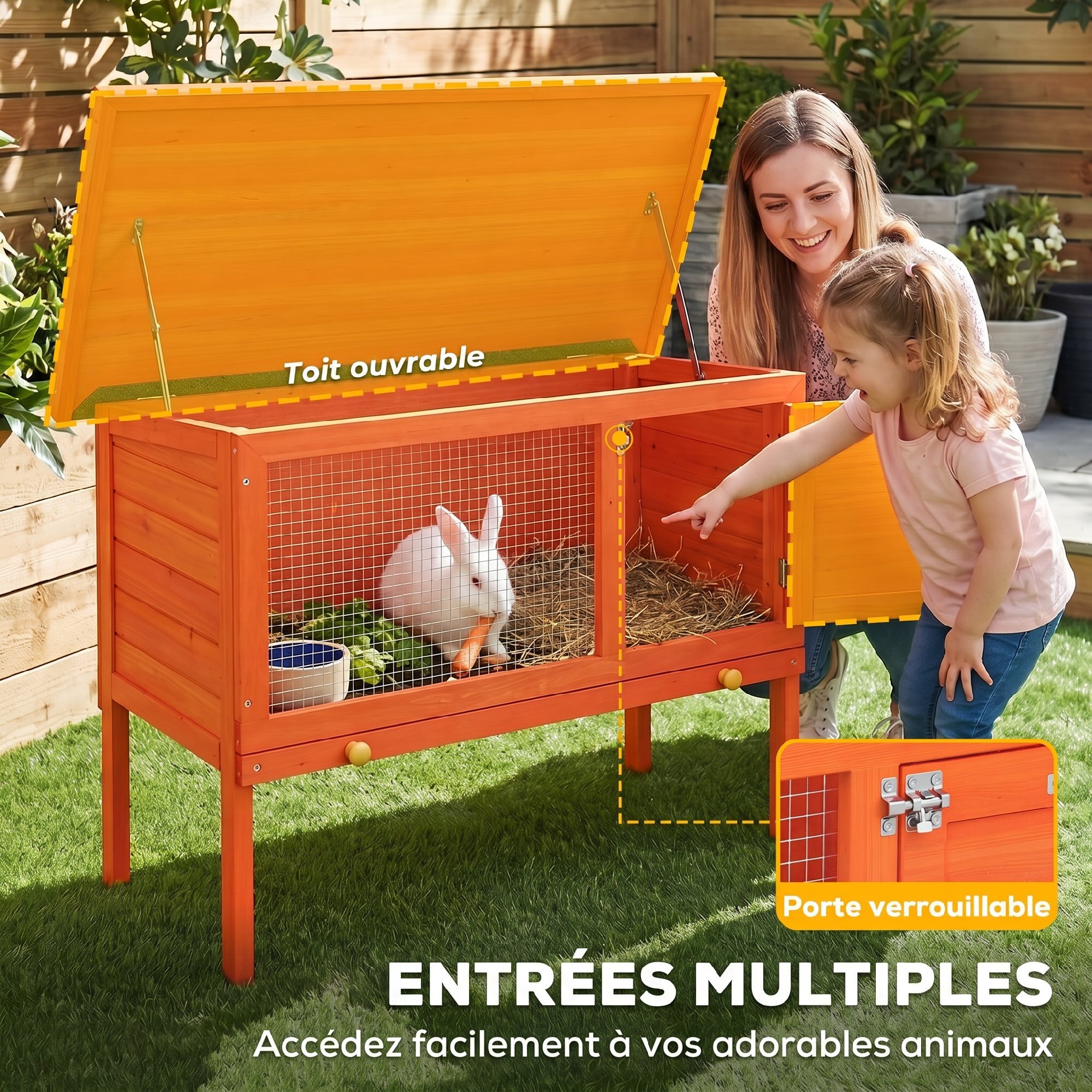 Clapier sur pied cage à lapin avec niche intérieure toit ouvrant porte verrouillable dim. 90L x 45l x 65H cm orange vert