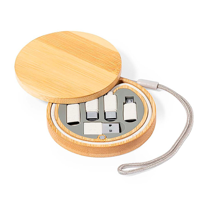 Set caricabatterie/cavi dati in bambù. Connessione Micro USB, Tipo C e Lightning 5 V CC 3 A