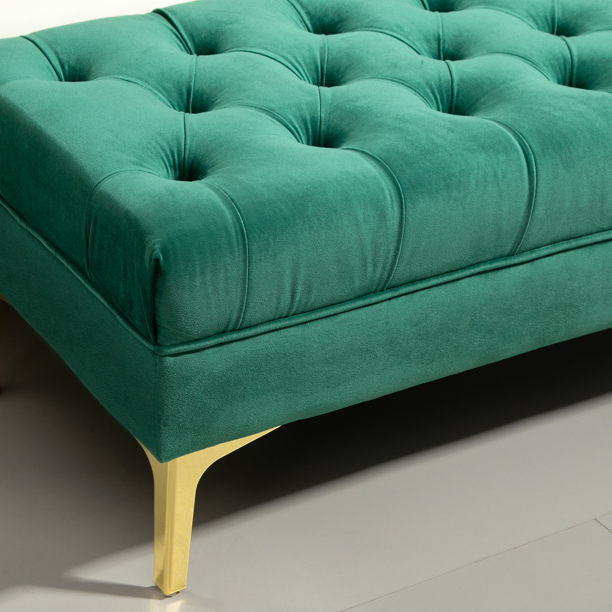 Banc banquette capitonnée style classique chic dim. 118L x 45l x 42H cm piètement métal doré velours vert