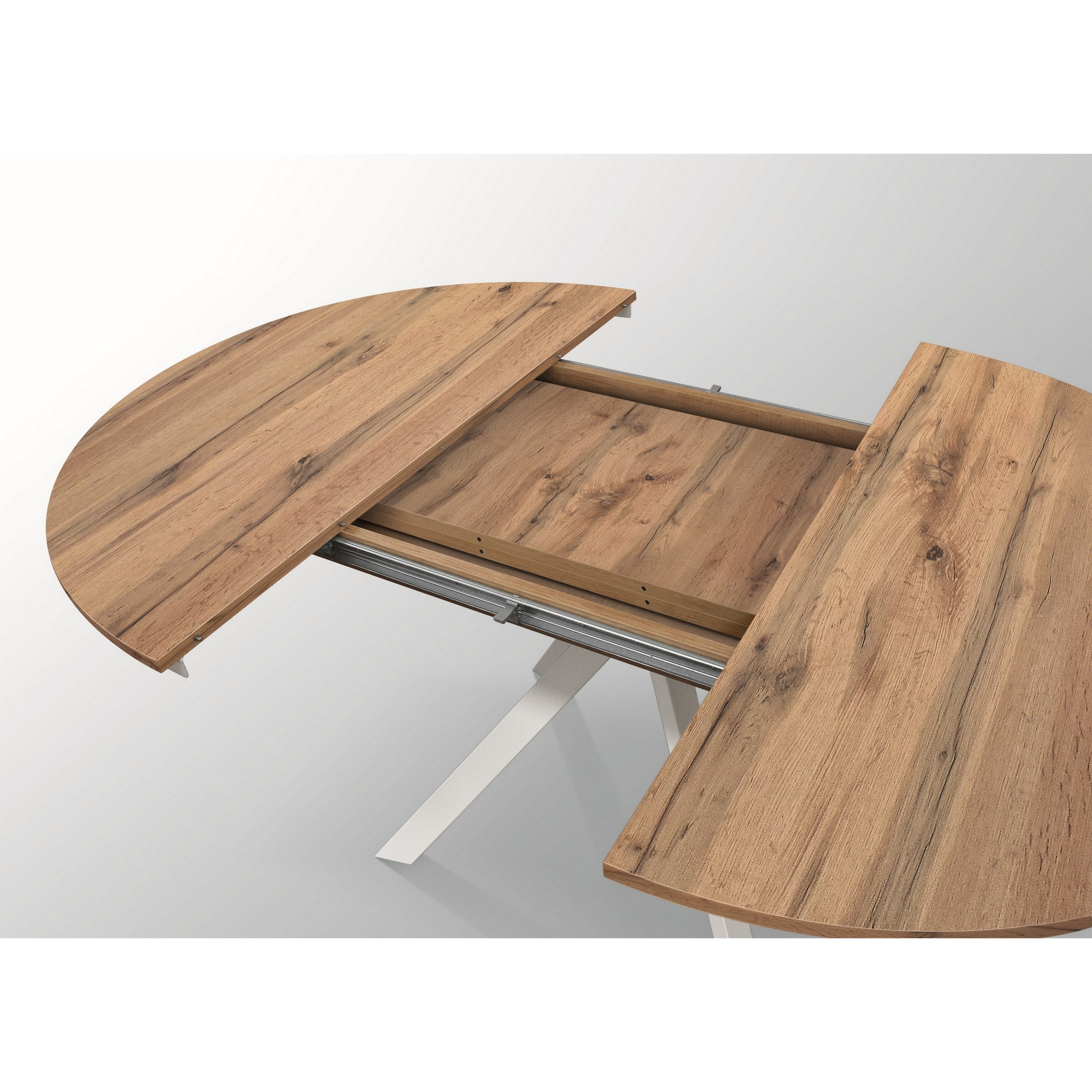 Tavolo rotondo PANTELLERIA in legno effetto rovere rustico con gambe incrociate in metallo bianco, allungabile ⌀120 cm - ⌀170 cm