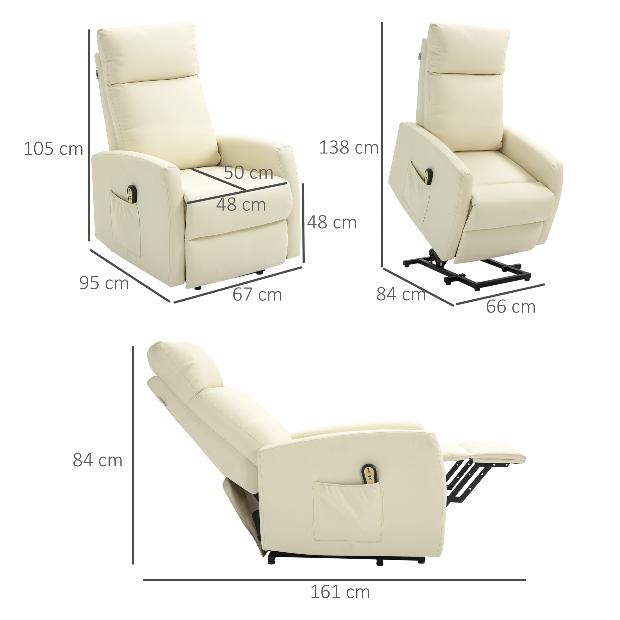 Sillón Levanta Personas Sillón Relax Eléctrico Sillón Elevador Reclinable 145° con Control Remoto Reposapiés para Personas Mayores 67x95x105 cm Crema