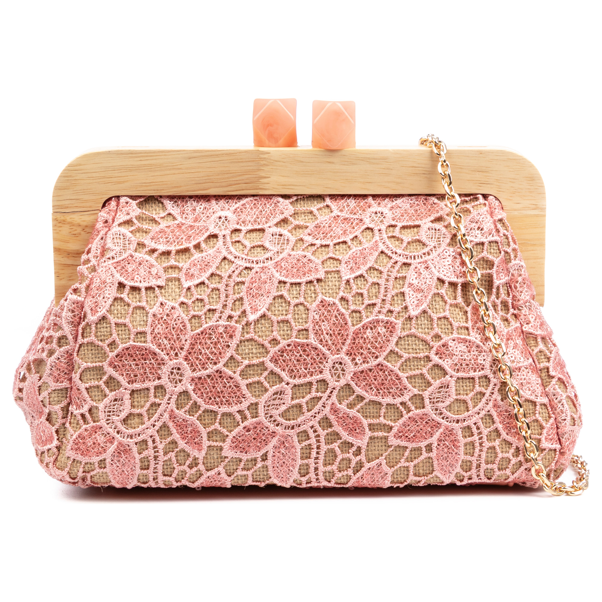 Borbera Borsa a spalla Donna. Realizzata in legno naturale, cotone e juta con un design in rete di tessuto floreale.