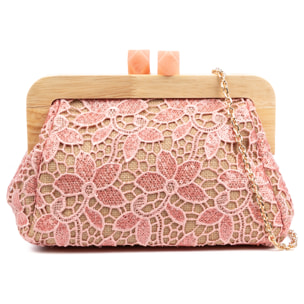 Borbera Borsa a spalla Donna. Realizzata in legno naturale, cotone e juta con un design in rete di tessuto floreale.