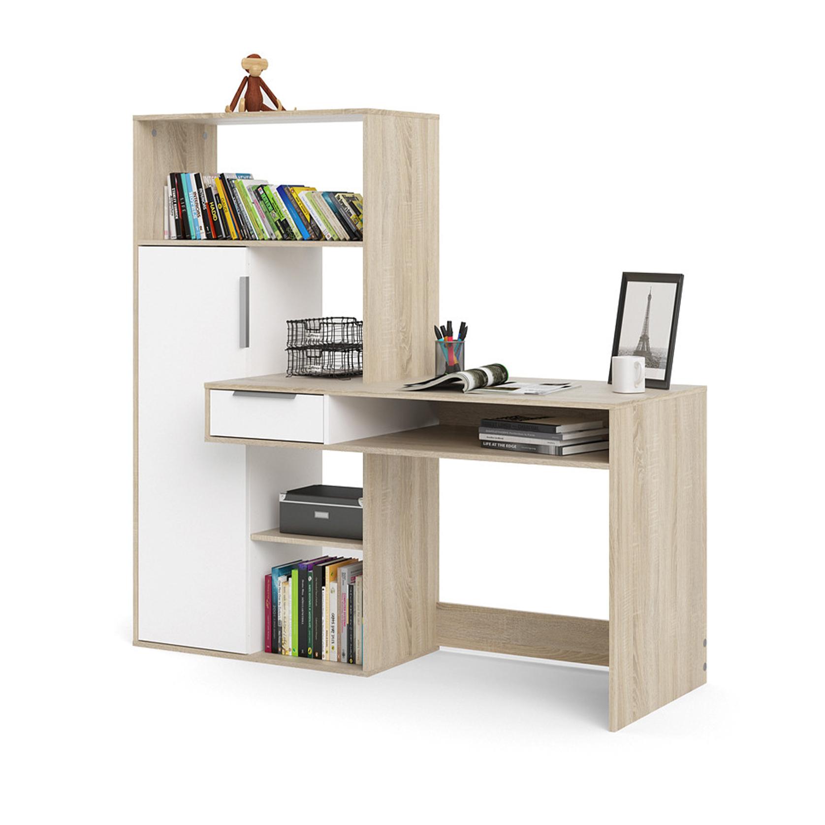 Scrivania multifunzione con libreria, cassetto e anta, colore bianco e rovere, cm 162 x 155 x 60