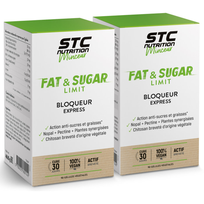 Fat & Sugar Limit - Complément alimentaire à base de Nopal, Thé vert, Gymnema & Chitosan - Bloque les sucres et graisses - Favorise la satiété - Vegan - Lot de 2