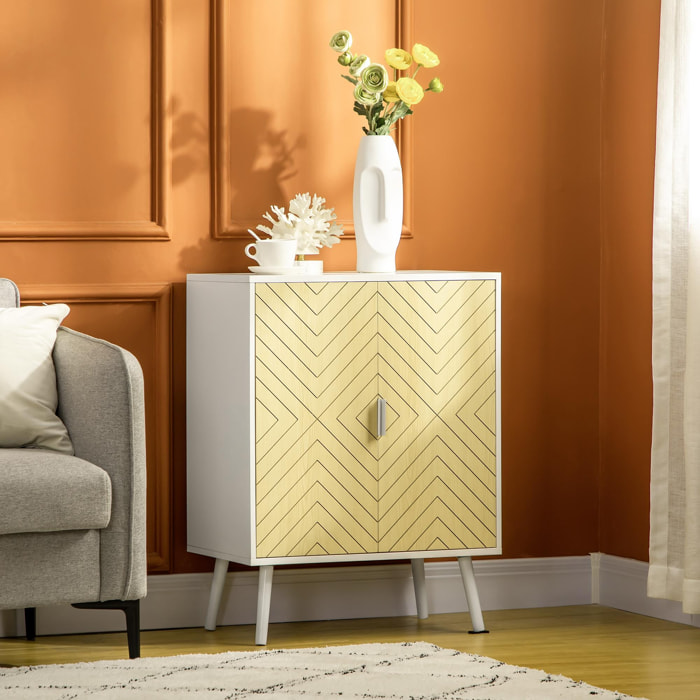Buffet meuble de rangement design scandinave 2 portes avec étagère dim. 60L x 40l x 80H cm MDF panneaux particules blanc portes motif graphique aspect bois clair